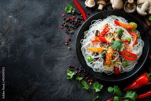 Delicious Asian cuisine dish with rice noodles, peppers, mushrooms and spices on a dark concrete background with generative ai