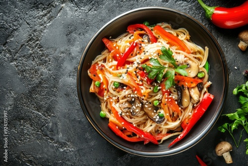 Delicious Asian cuisine dish with rice noodles, peppers, mushrooms and spices on a dark concrete background with generative ai