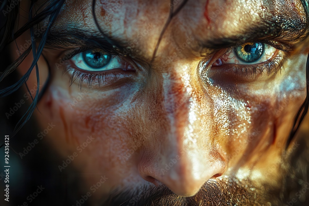 intense closeup of piercing eyes hyperrealistic jesus christ portrait emotion and divinity conveyed through gaze intense closeup of piercing eyes hyperrealistic jesus christ portrait emotion and divinity conveyed through gaze