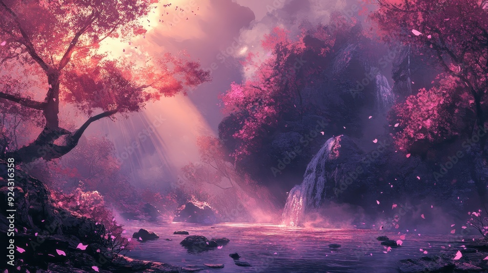 Enchanting Waterfall in a Dreamy Pink Forest Enchanting Waterfall in a Dreamy Pink Forest