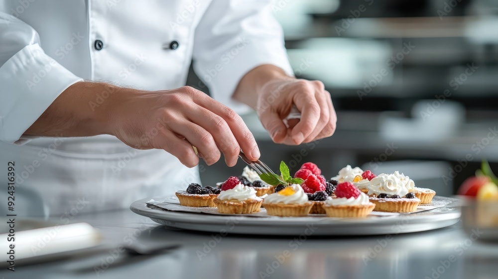 Pastry chef arranging fruit tarts on a platter. Pastry chef arranging fruit tarts on a platter.