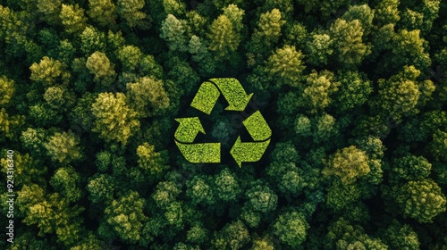 Aerial View of a Recycle Symbol Formed by Trees in a Forest photo