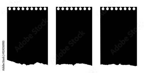 Ripped paper notebook silhouettes. Set of ripped paper with perforation isolated on white background. Black vector objects with rough edges