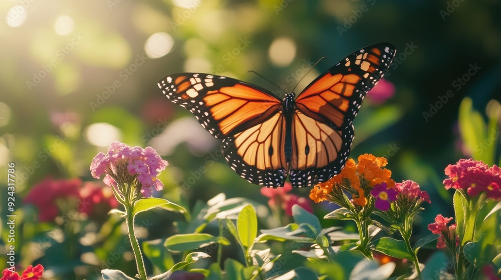 Fototapeta premium Monarch Butterfly In Flight Over Colorful Flowers