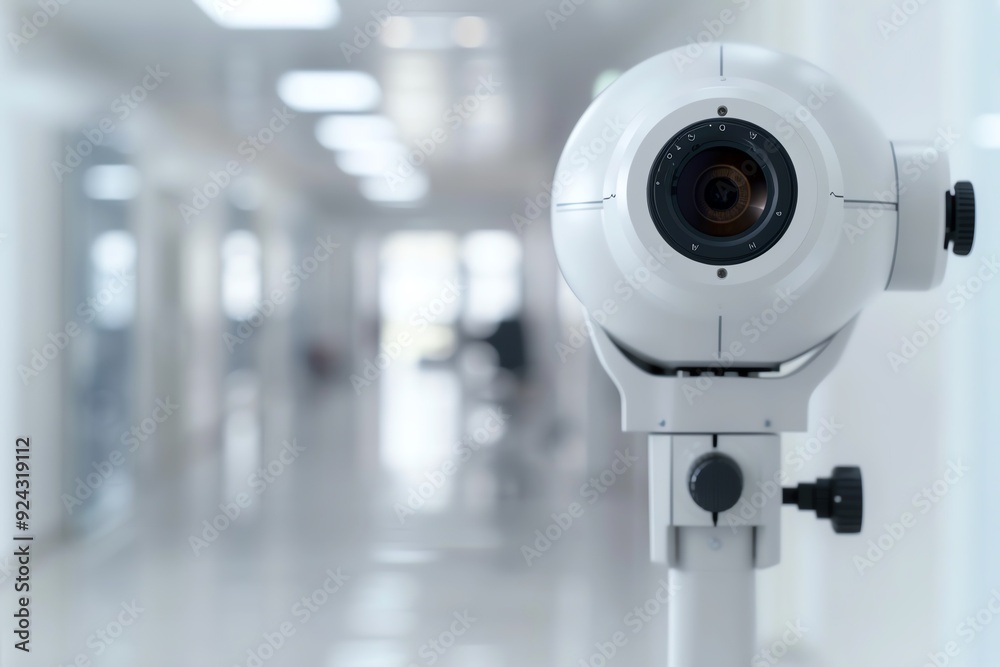 Close-up of a medical eye examination device, with blurred background of a modern clinic hallway, depicting healthcare technology. Close-up of a medical eye examination device, with blurred background of a modern clinic hallway, depicting healthcare technology.