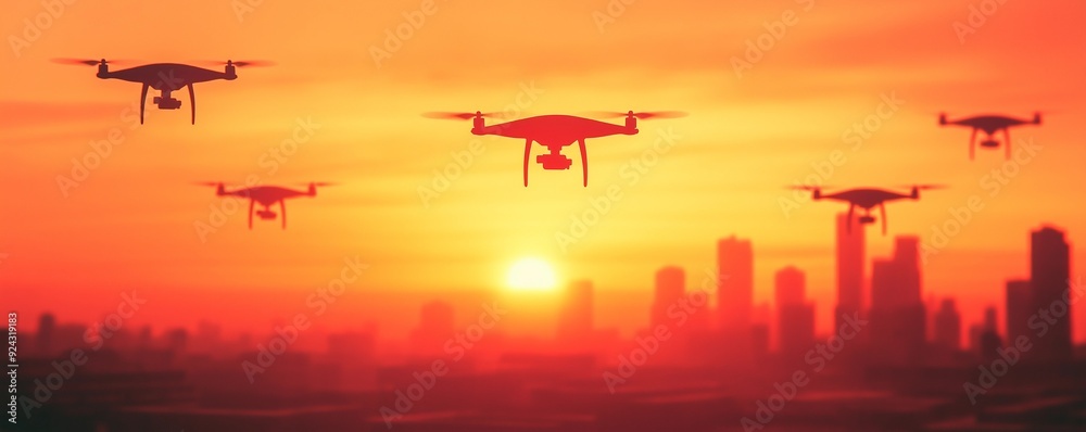 Sunset Drone Swarm: A Futuristic Flight Over a Digitized Cityscape Sunset Drone Swarm: A Futuristic Flight Over a Digitized Cityscape