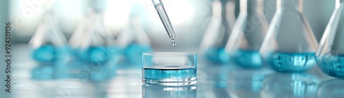 Close-up of pipette dropping liquid into petri dish against background of laboratory glassware filled with blue solution. Science and research theme. photo