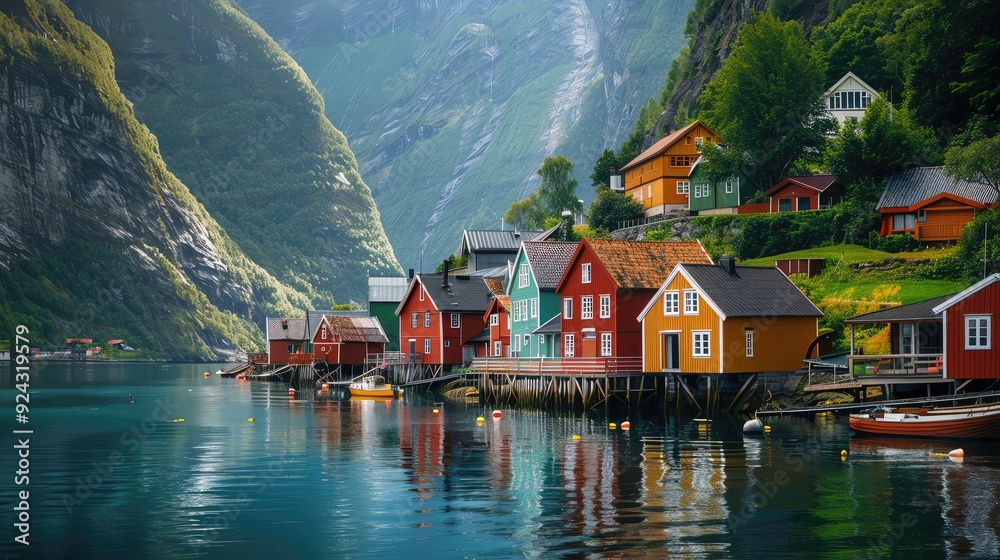 Fototapeta premium Norwegian fjord valley, colorful wooden houses, towering cliffs, serene waters, traditional fishing boats, crisp morning air