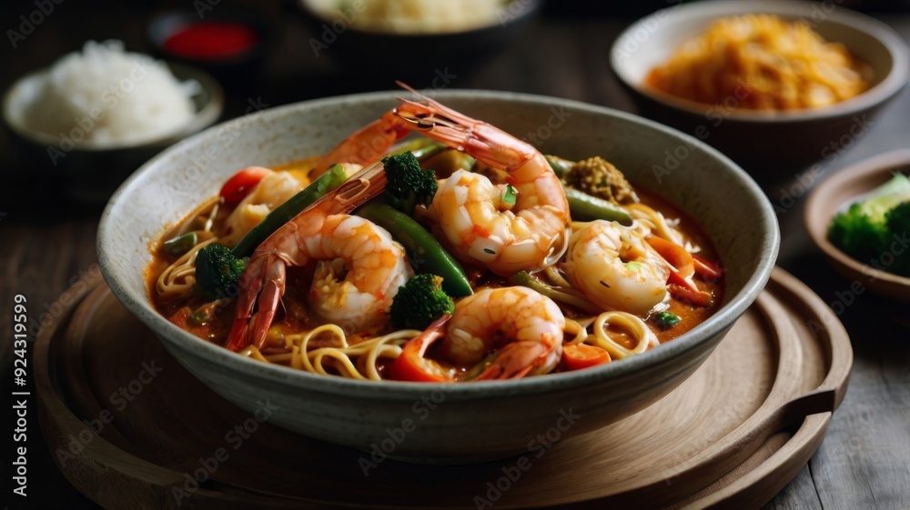 Chinese Cuisine Curry Prawns with Veggies and Noodles Chinese Cuisine Curry Prawns with Veggies and Noodles