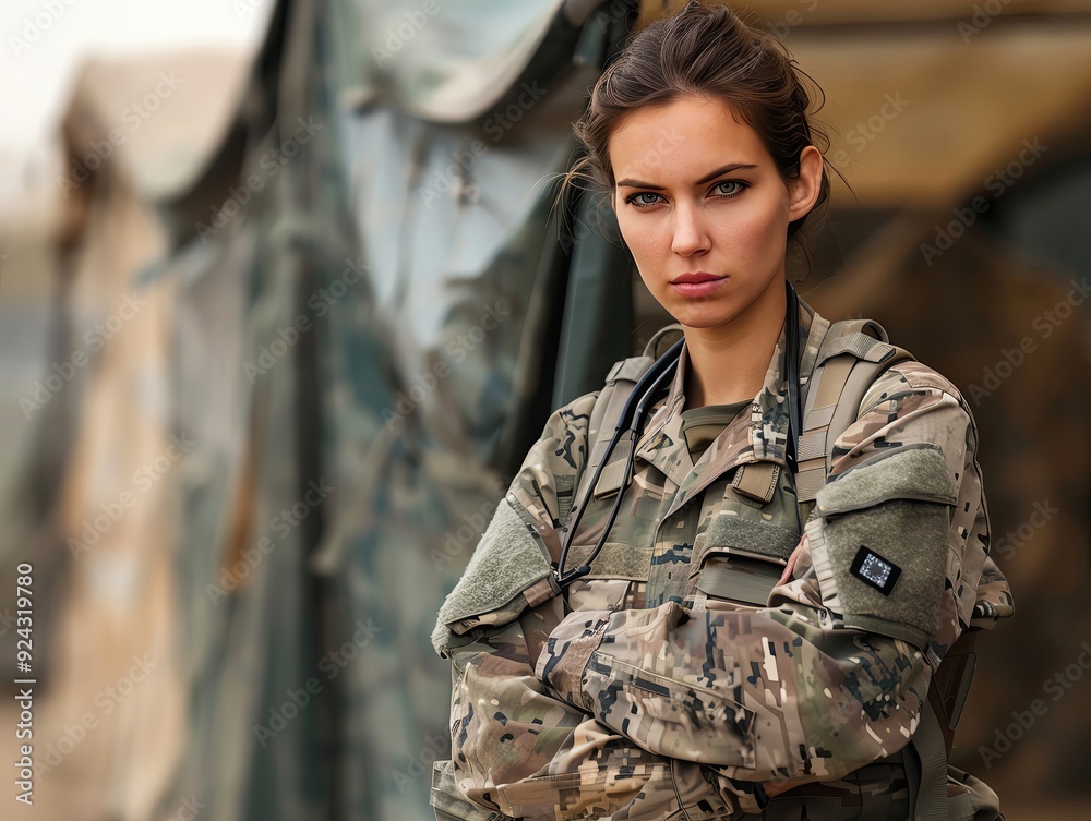High definition photo of a female army medic, confident and ready, camouflage uniform, standing near a medical tent, clear and detailed High definition photo of a female army medic, confident and ready, camouflage uniform, standing near a medical tent, clear and detailed