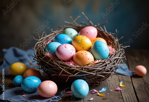 speckled Easter eggs in shades of pink, blue, yellow, and orange arranged in a bird’s nest on a rustic table against a twinkling light backdrop