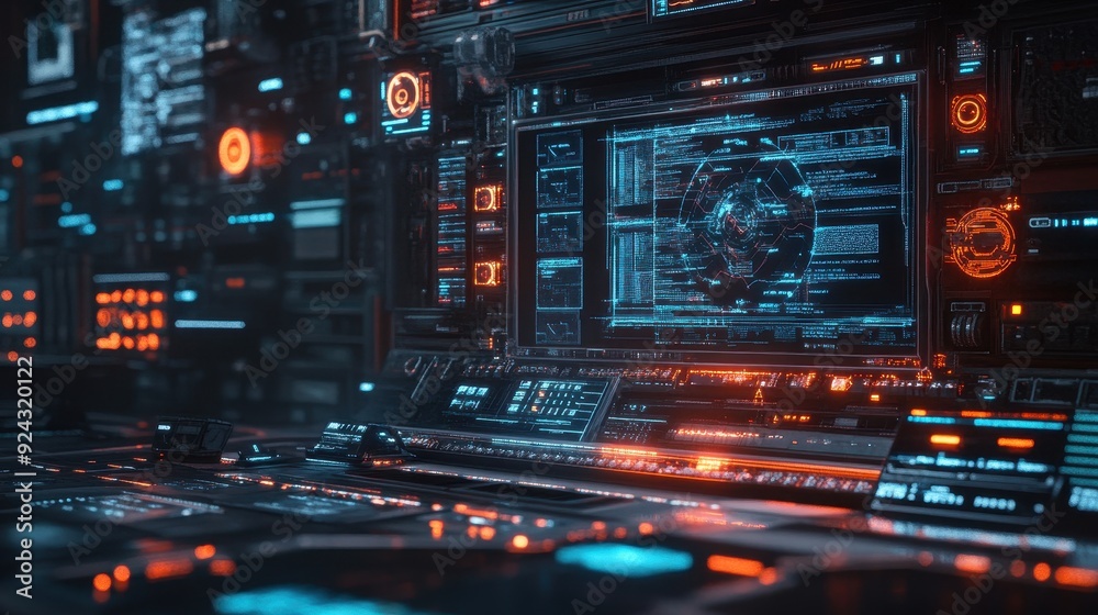 Futuristic Sci-Fi Control Room with Digital Displays Futuristic Sci-Fi Control Room with Digital Displays