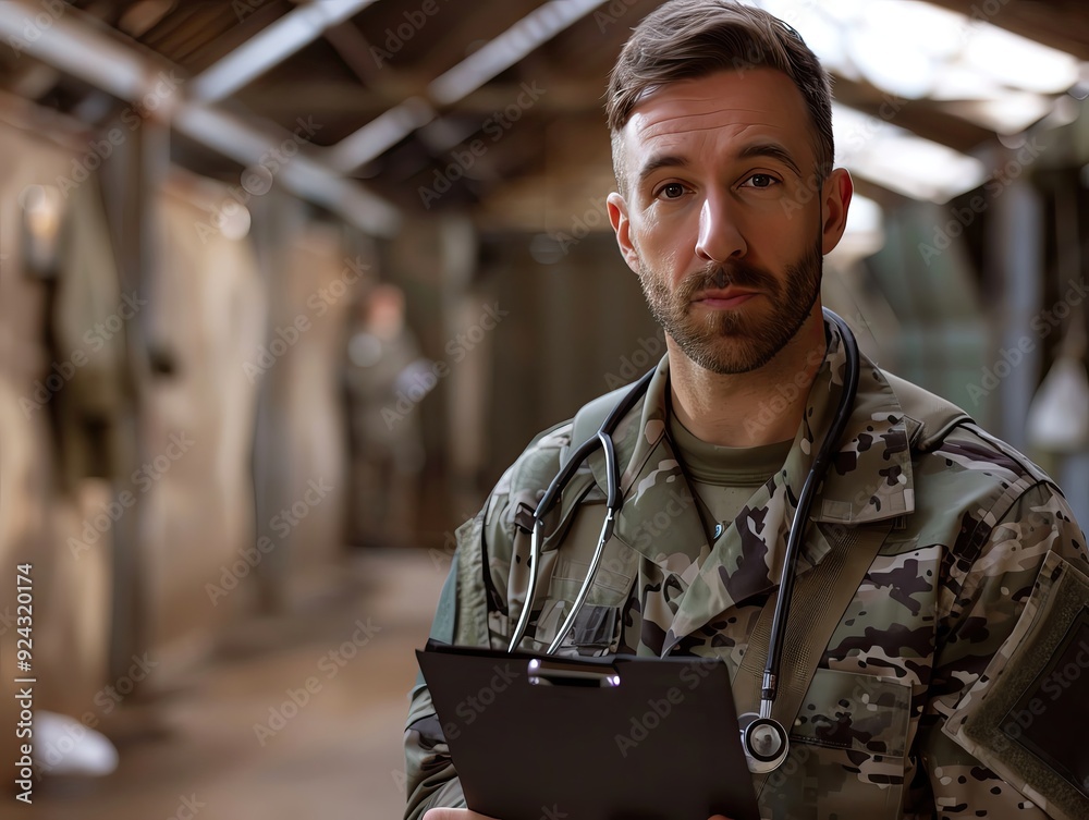 HD portrait of a male army doctor in fatigues, holding a medical chart, serious and focused, military base setting HD portrait of a male army doctor in fatigues, holding a medical chart, serious and focused, military base setting