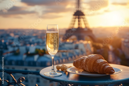 Romantic Parisian balcony scene with champagne flute and croissant, Eiffel Tower at sunset. Elegant and picturesque. photo