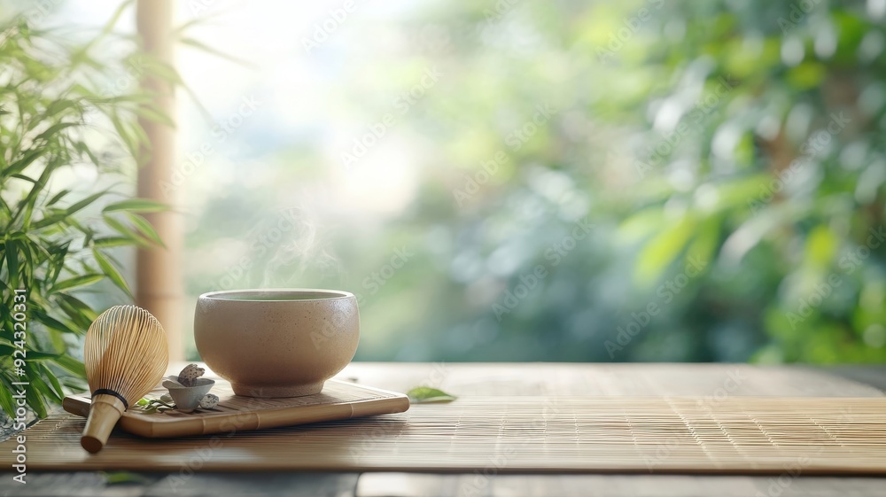 Traditional Japanese tea setting with hot matcha tea and bamboo whisk. Traditional Japanese tea setting with hot matcha tea and bamboo whisk.