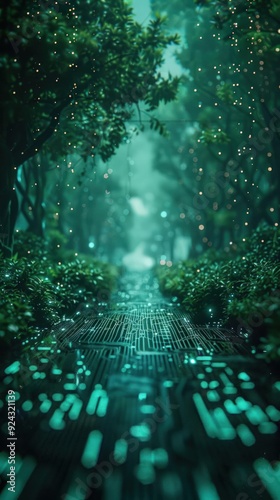 Ethereal digital forest with glowing pathways, cybersecurity, enchanting data security photo