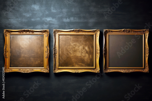 Three empty gold picture frames hanging on a vintage wall, blank frame background
