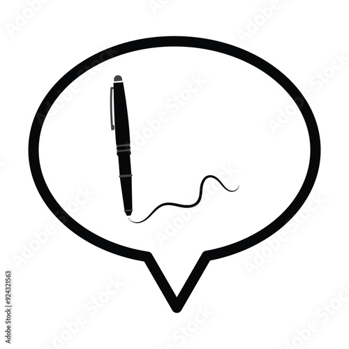 Speech bubble, ball point pen and ink stroke mark icon in grey scale isolated on white background.