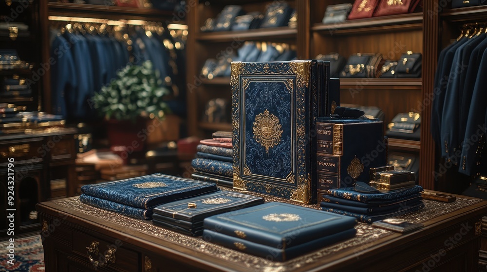Luxurious Leather-Bound Books on a Wooden Table in a Stylish Interior Luxurious Leather-Bound Books on a Wooden Table in a Stylish Interior