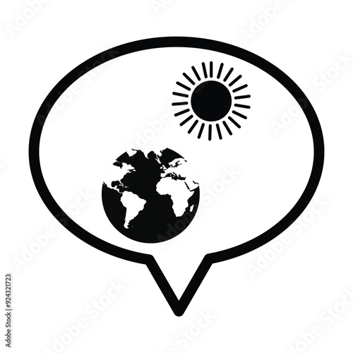 Speech bubble, planet earth and sun icon in grey scale isolated on white background.