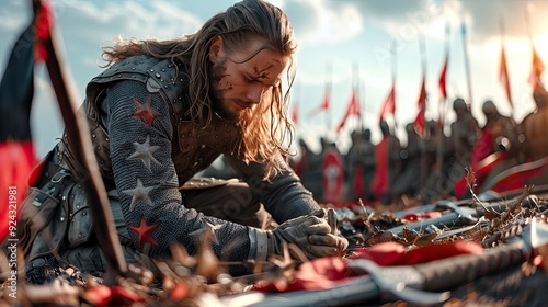 A warrior kneeling on a battlefield, surrounded by broken weapons and tattered flags, symbolizing the bittersweet taste of victory.