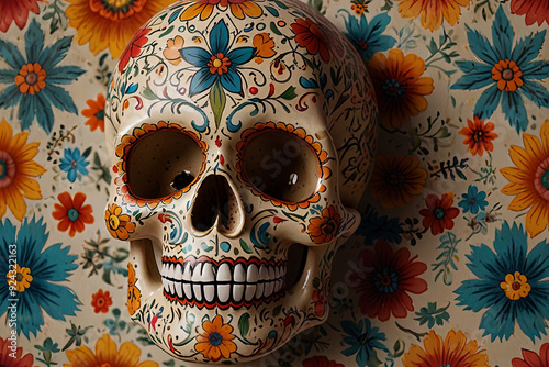 Vividly colored skull with intricate floral designs on a neutral background