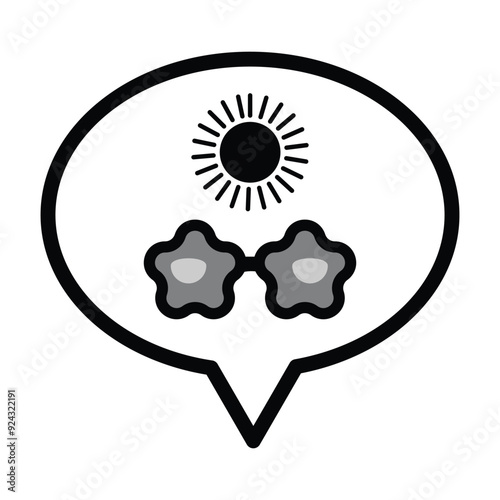 Speech bubbles, sun glasses and sun icon in grey scale isolated on white background.