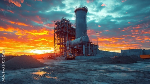 A dynamic scene showcasing a concrete machine, such as a concrete mixer or batch plant, actively at work against the backdrop of an under-construction building photo