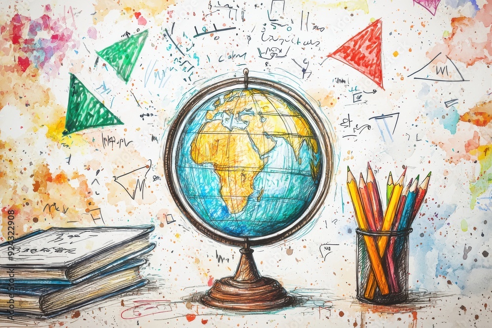 Obraz premium A colorful study scene featuring a globe, books, and pencils, symbolizing education and exploration of the world.