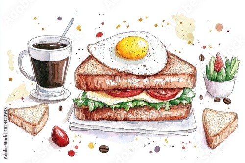 A delicious breakfast featuring a sandwich with egg, tomatoes, and greens, accompanied by a cup of coffee. photo