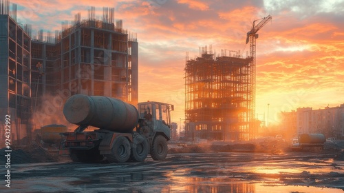 A dynamic scene showcasing a concrete machine, such as a concrete mixer or batch plant, actively at work against the backdrop of an under-construction building photo