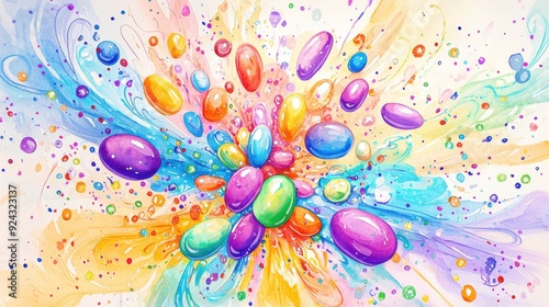 A vibrant explosion of colorful eggs on a light background, perfect for celebrating Easter and springtime festivities.