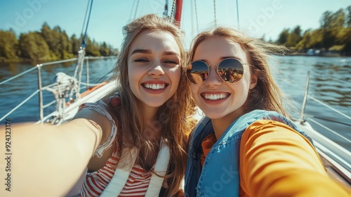 Emotional young woman makes selfie sailing boat with friend on river closeup 