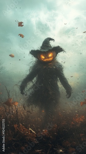 The Dark Figure with a Pumpkin Head Shrouded in Mystery photo