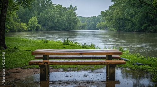 Tranquil picnic spot by the river, simple layout, no one around, wet grass from rain