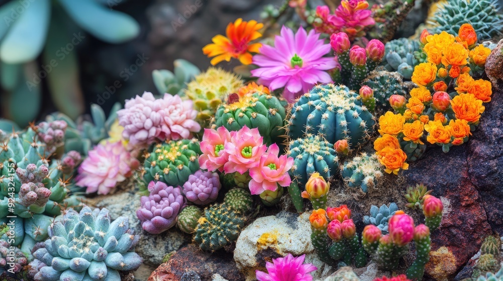 Obraz premium A Colorful Arrangement of Succulents and Cacti in Bloom