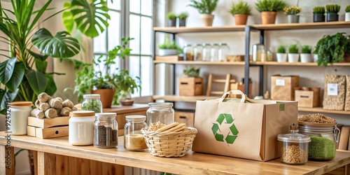 Small retail store promotes eco-friendly practices with a "Zero Waste" sign, showcasing reusable cartons, paper wraps, and dried water hyacinth packing materials on a desk.