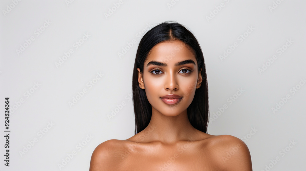 A young Indian woman with smooth, tan skin and straight dark hair looks directly at the camera. Her sleek hair and natural beauty are emphasized against a light background. A young Indian woman with smooth, tan skin and straight dark hair looks directly at the camera. Her sleek hair and natural beauty are emphasized against a light background.