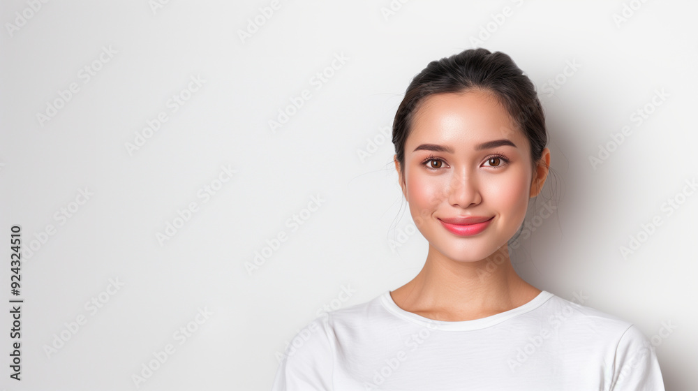 Portrait of a young Thai woman with a soft smile, wearing a white shirt, standing against a white background, with her hair neatly tied back. Portrait of a young Thai woman with a soft smile, wearing a white shirt, standing against a white background, with her hair neatly tied back.