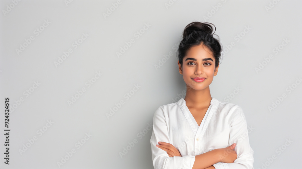 A young Indian woman with smooth, tan skin and dark hair tied up in a bun looks confidently at the camera. Her casual, white shirt complements her poised expression. A young Indian woman with smooth, tan skin and dark hair tied up in a bun looks confidently at the camera. Her casual, white shirt complements her poised expression.