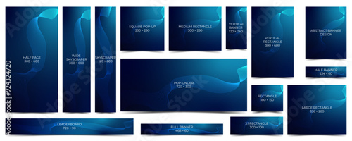 SET OF STANDARD WEB BANNER AD SIZE NUMBER 1 WITH TECH OR TECHNOLOGY WIREFRAME AND DARK GRADIENT THEMES