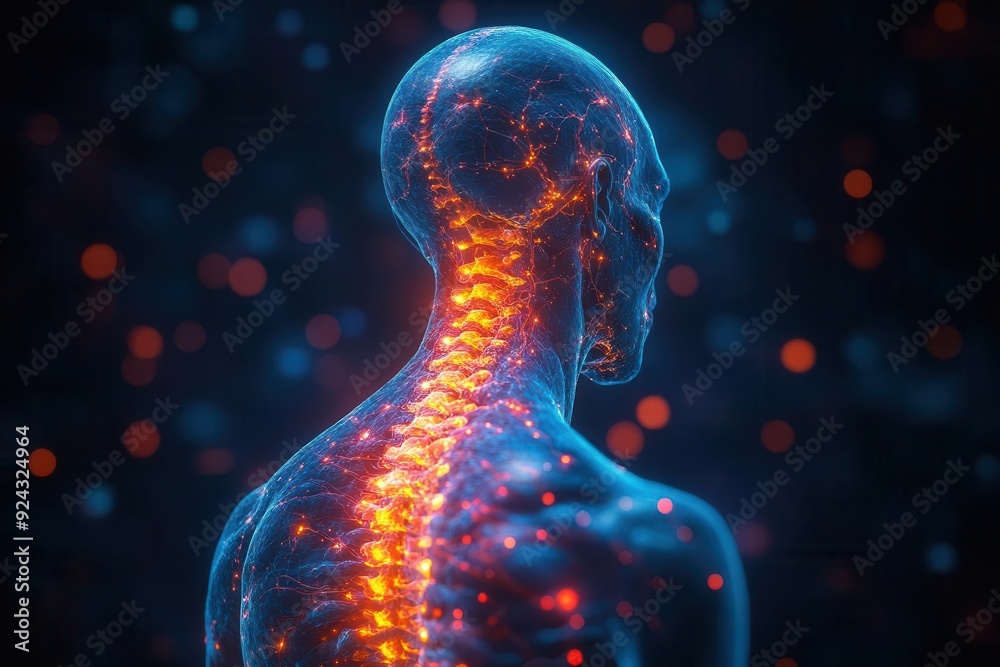 medical illustration stylized spine and nervous system diagram overlaid on silhouette of human back using bold colors and clean lines to highlight areas of pain and tension medical illustration stylized spine and nervous system diagram overlaid on silhouette of human back using bold colors and clean lines to highlight areas of pain and tension