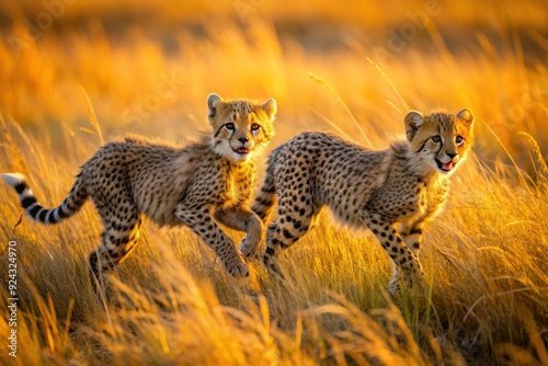 Adorable cheetah cubs frolic and chase each other through tall, golden dry grass, bathed in warm, golden light of a serene African savannah sunrise. photo