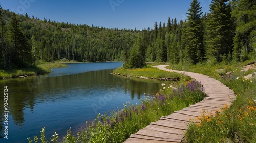 Trail Design. Lakeside hiking trail with winding path surrounded by trees, wildflowers, and hikers enjoying scenery. Scenic Style photo