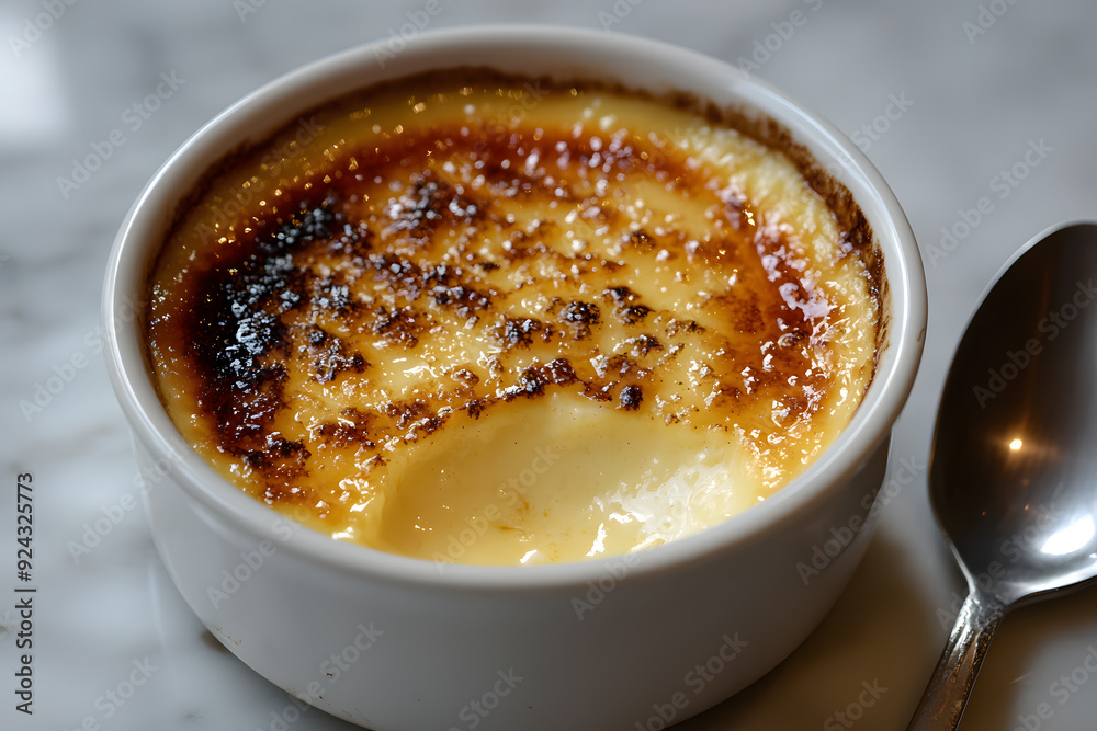 Caramelized Creme Brulee dessert with cracked sugar crust on a refined table, revealing velvety smooth custard beneath Caramelized Creme Brulee dessert with cracked sugar crust on a refined table, revealing velvety smooth custard beneath