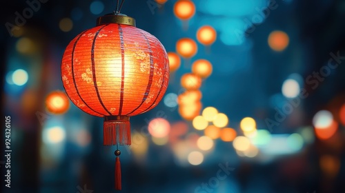 A close-up of a red lantern illuminated against a bokeh-filled night scene at the Mid-Autumn Festival 