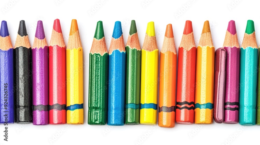 Fototapeta premium Row of School Crayons on a White Background, Featuring a Spectrum of Colors