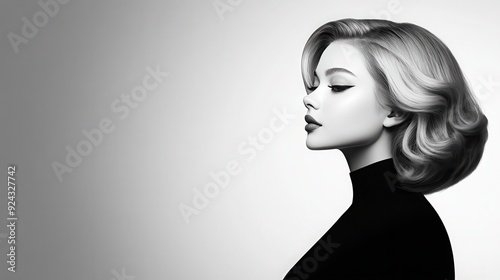 A stunning black and white profile portrait showcasing elegant hairstyle and classic beauty.