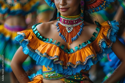 A woman wearing a vibrant costume and an elaborate headdress. photo