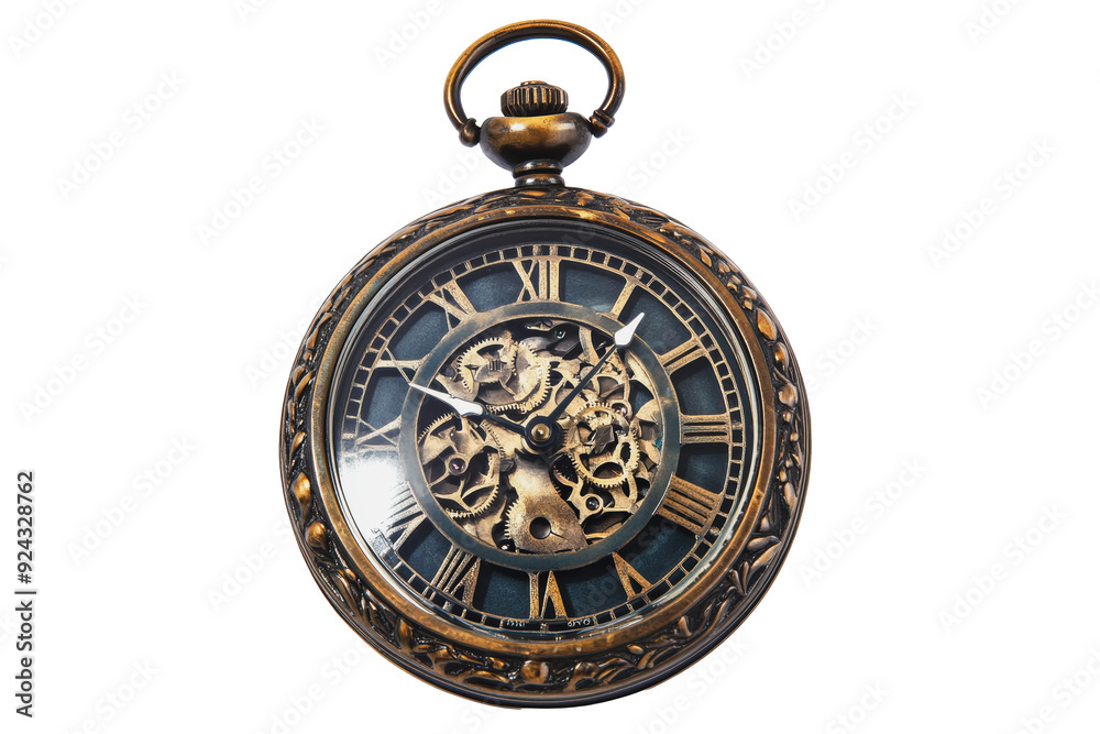 PNG Antique pocket watch with visible gear mechanism and Roman numerals displayed on a plain background PNG Antique pocket watch with visible gear mechanism and Roman numerals displayed on a plain background